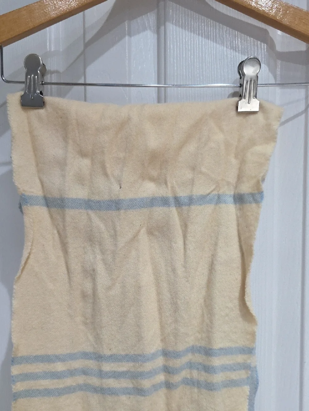 Christian Dior Vintage Wool Cream and Light Blue Striped Fringe Scarf One Size